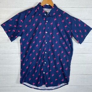 WAVE HOG Flamingo Dot all over pattern Boys XL collared shirt short sleeve Navy